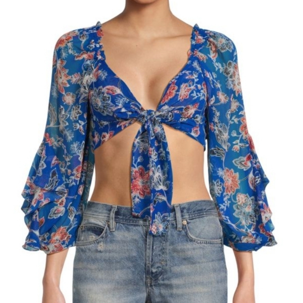 MISA Los Angeles Blusa Crop Top Azul Floral con Volantes Size M NWT